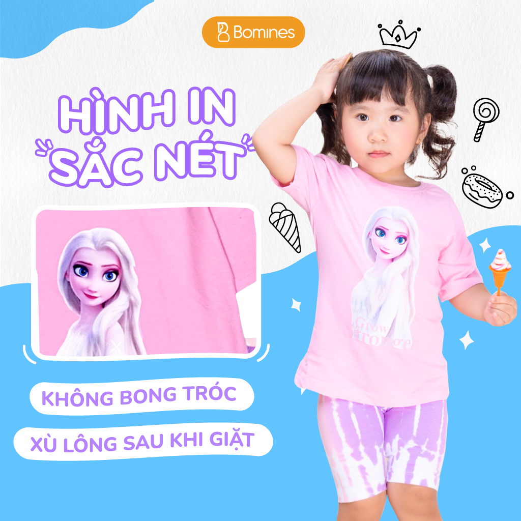 Đồ bộ bé gái công chúa Elsa BOMINES, thun cotton tay ngắn quần biker mát mẻ cho bé 3-12 tuổi, 12-36kg DBLBGELSAQUANLOANG