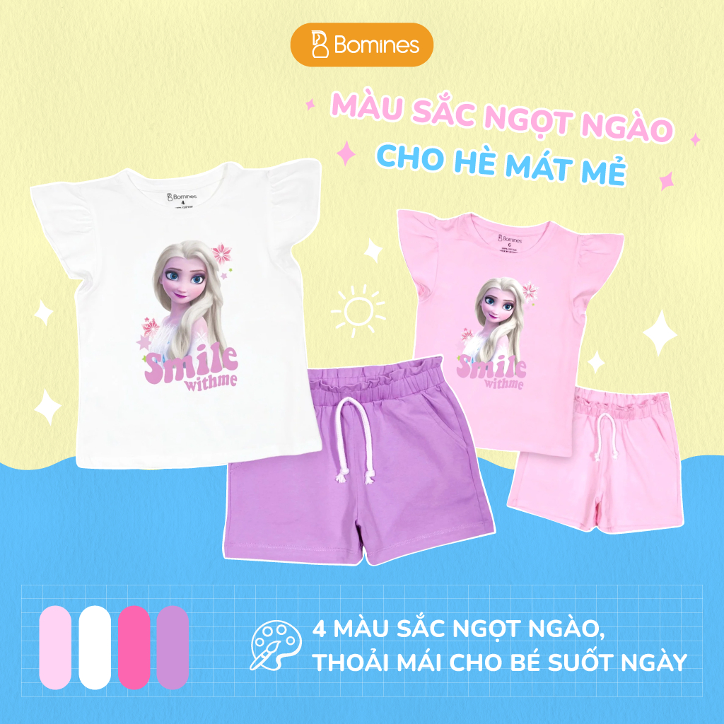 Đồ bộ bé gái Elsa Bomines, bộ short hè thun cotton thoáng mát cho bé 3-10 tuổi khoảng 12-30kg DBSBGELSASMILE