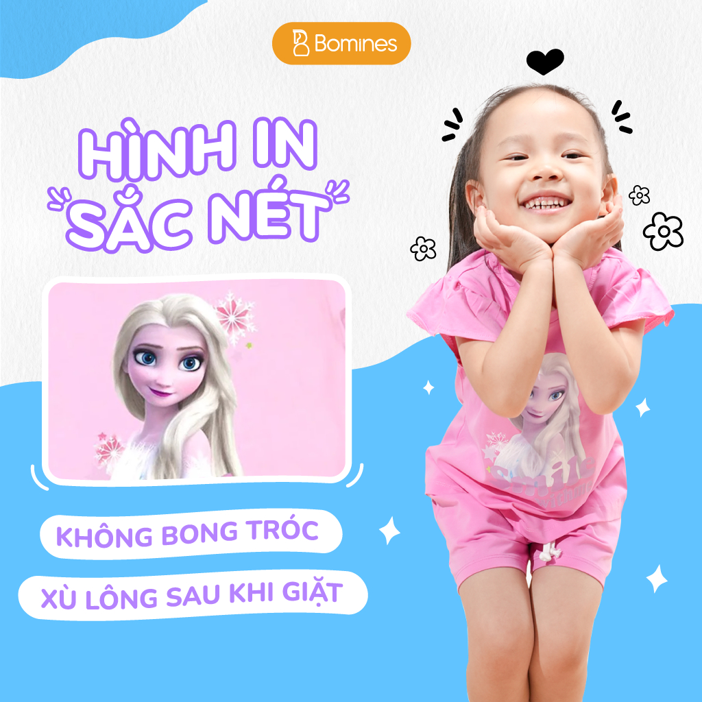 Đồ bộ bé gái Elsa Bomines, bộ short hè thun cotton thoáng mát cho bé 3-10 tuổi khoảng 12-30kg DBSBGELSASMILE