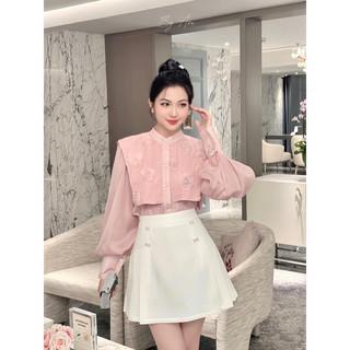Áo sơ mi len tăm lạnh phối ren hoa nổi hàng thiết kế