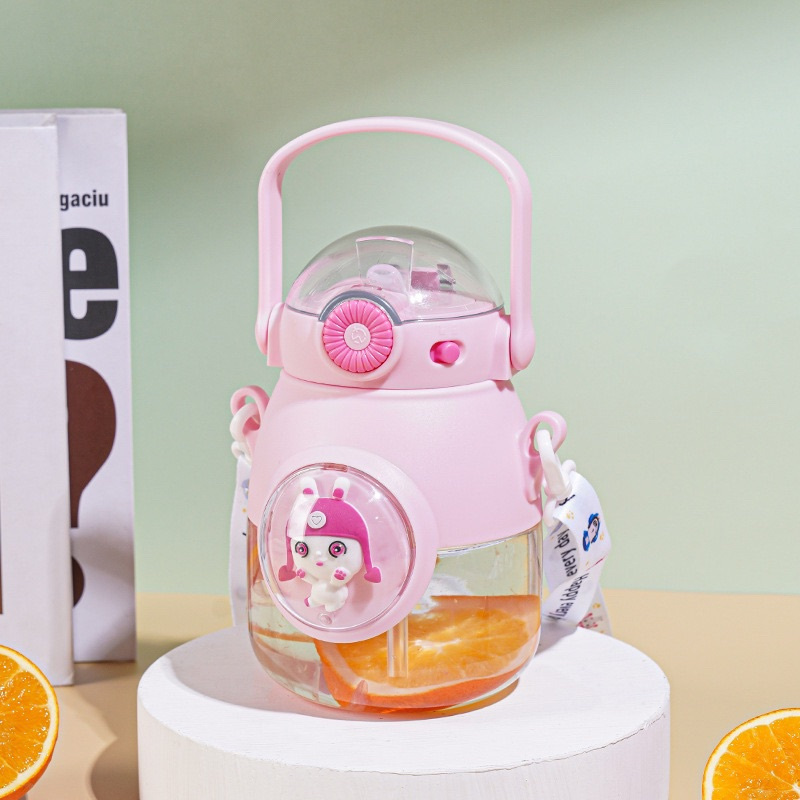 Bình Nước Cô Gái Dễ Thương Có Ống Hút Dây Đeo Và Sticker 3d Phim hoạt hình búp bê viên nang không gian dành cho trẻ em