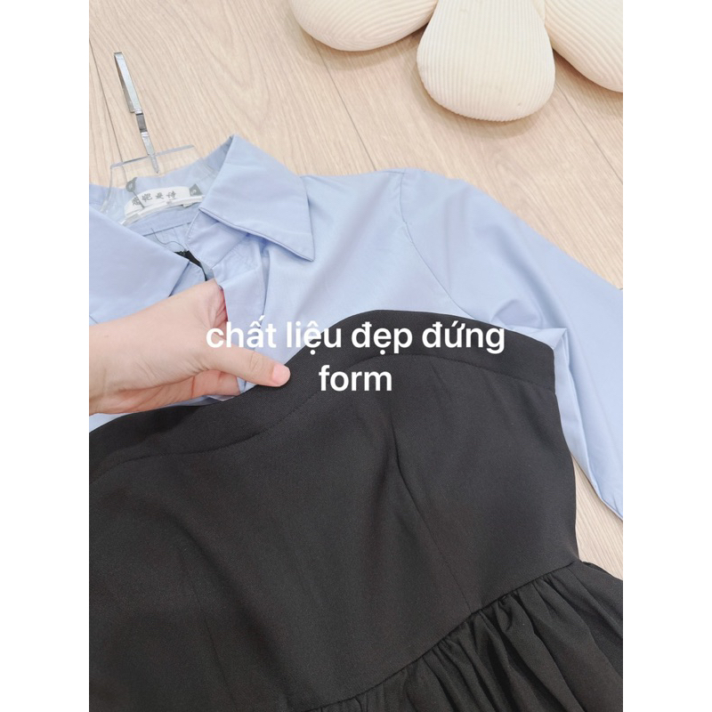 Váy sơ mi phối kẻ xanh dáng dài