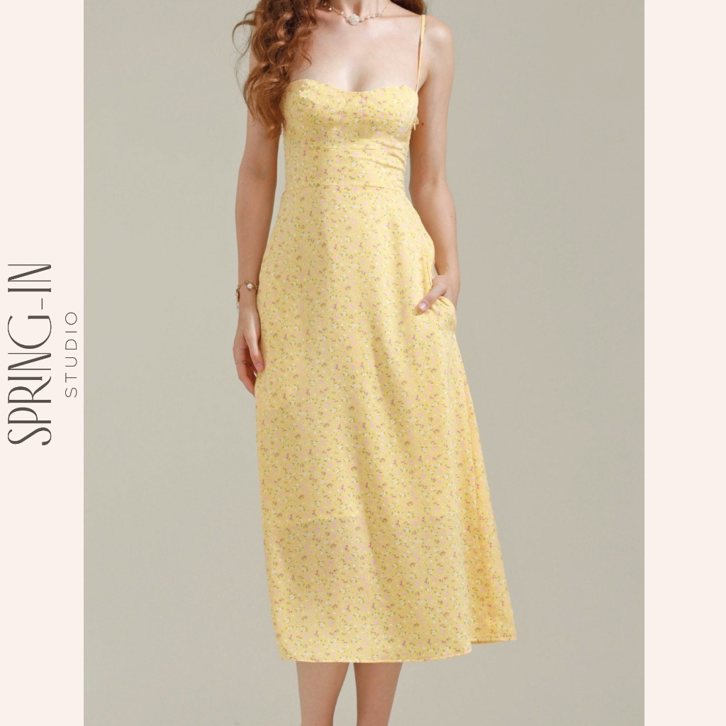 Đầm nữ 2 dây hoa nhí dáng dài có túi, váy nữ xinh lưng thun co giãn SPRING-IN