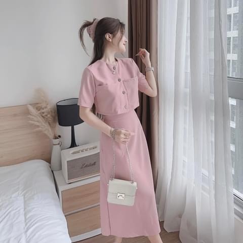 Set đồ nữ đi chơi, set váy dáng dài kèm áo croptop tay lỡ có khuy y hình