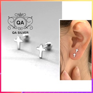 Khuyên tai bạc 925 thánh giá chữ thập chốt bi vặn bông nam nữ S925 CROSS QA Silver Earrings EA230903