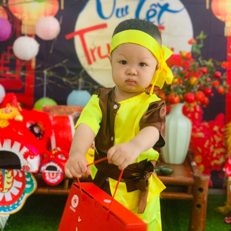 Trang Phục Chú Cuội Cho Bé Chơi Trung Thu Màu Nâu Phối Vàng Vải Phi Lụa Mềm Mại, Óng Ả. Quần Áo Cuội Trẻ Em