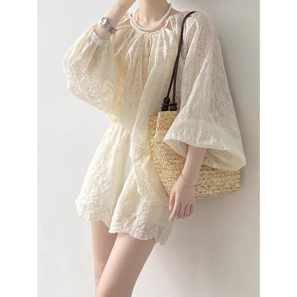 Set Áo tay phồng kèm quần short, vải ren may 2 lớp xịn xò