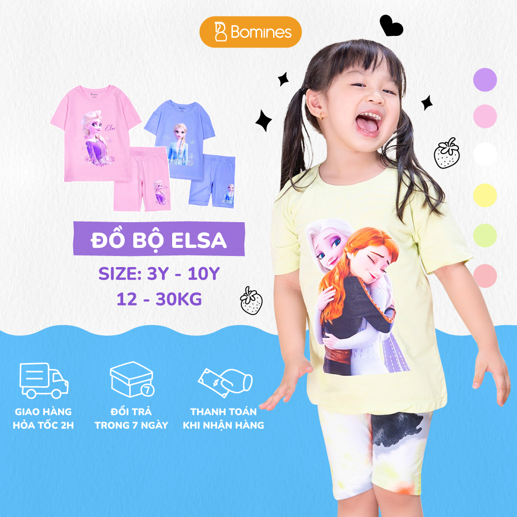 Đồ bộ bé gái công chúa Elsa BOMINES, chất thun cotton, tay ngắn cho bé 3- 10 tuổi, 12- 30kg DBLBGELSAQUANLOANG