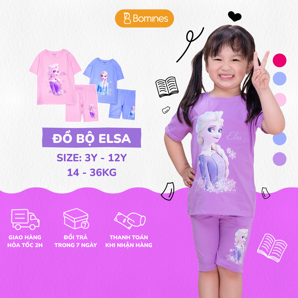 Đồ bộ bé gái công chúa Elsa BOMINES, thun cotton tay ngắn quần biker mát mẻ cho bé 3-12 tuổi, 12-36kg DBLBGELSA