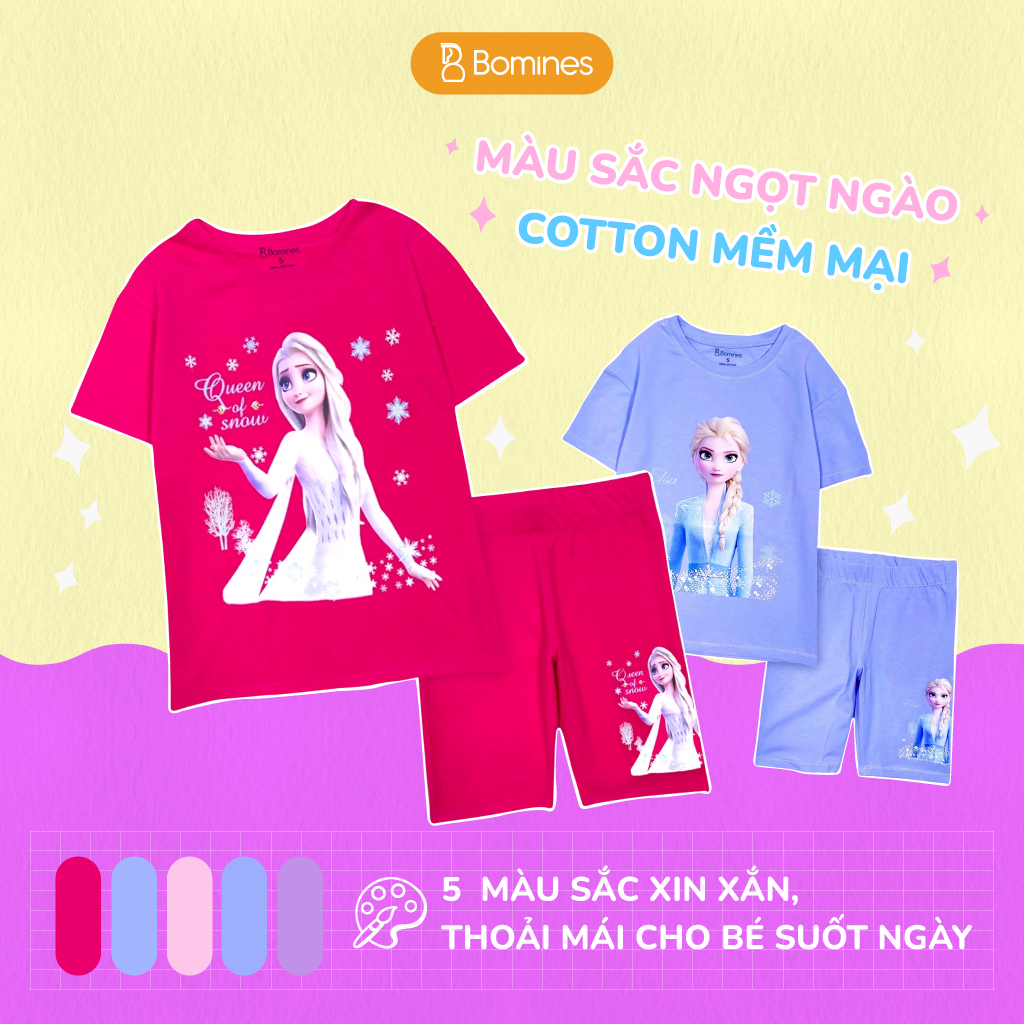 Đồ bộ bé gái công chúa Elsa BOMINES, thun cotton tay ngắn quần biker mát mẻ cho bé 3-12 tuổi, 12-36kg DBLBGELSA