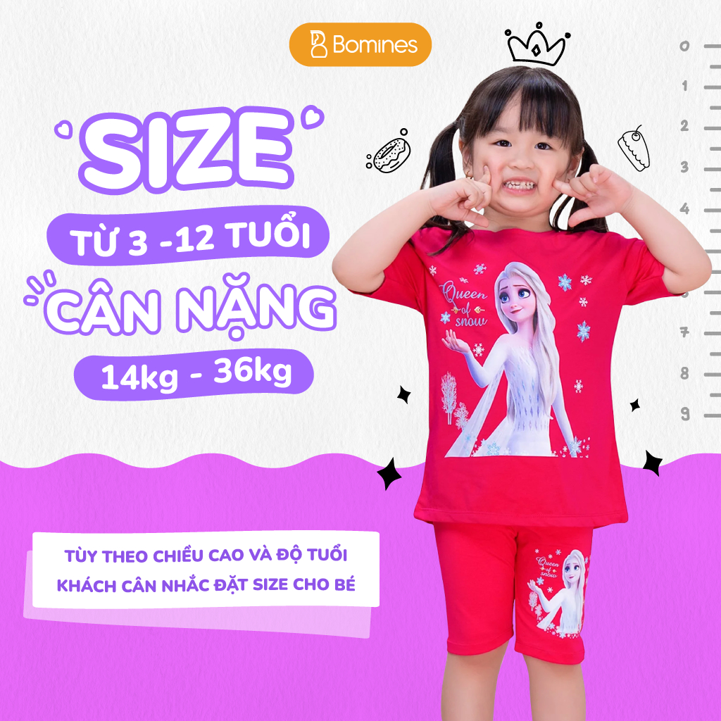 Đồ bộ bé gái công chúa Elsa BOMINES, thun cotton tay ngắn quần biker mát mẻ cho bé 3-12 tuổi, 12-36kg DBLBGELSA