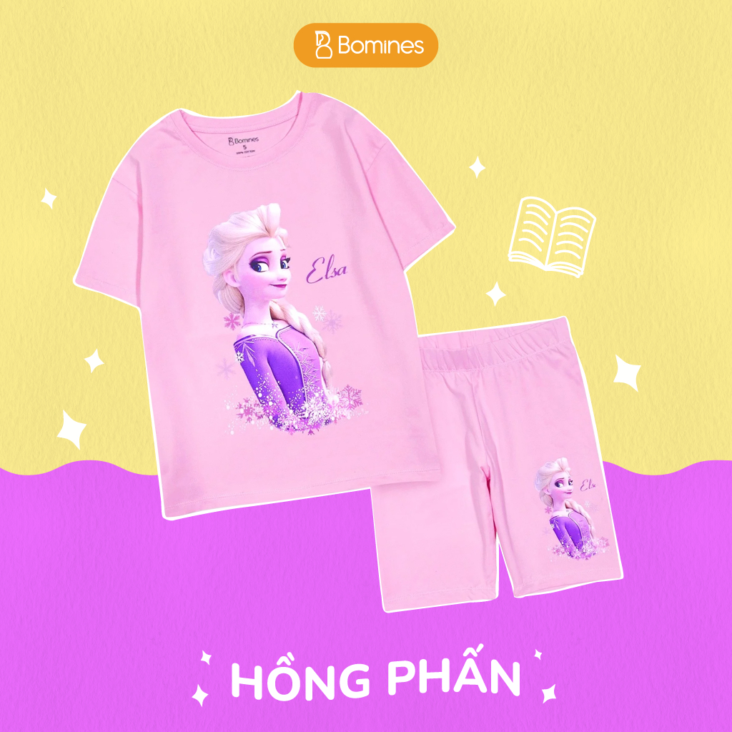 Đồ bộ bé gái công chúa Elsa BOMINES, thun cotton tay ngắn quần biker mát mẻ cho bé 3-12 tuổi, 12-36kg DBLBGELSA