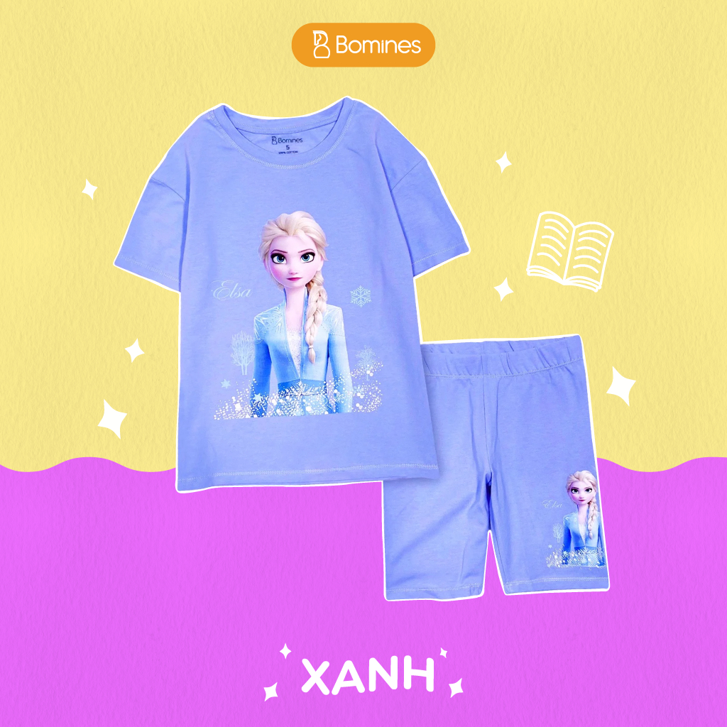 Đồ bộ bé gái công chúa Elsa BOMINES, thun cotton tay ngắn quần biker mát mẻ cho bé 3-12 tuổi, 12-36kg DBLBGELSA