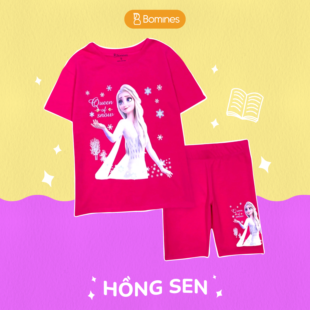 Đồ bộ bé gái công chúa Elsa BOMINES, thun cotton tay ngắn quần biker mát mẻ cho bé 3-12 tuổi, 12-36kg DBLBGELSA