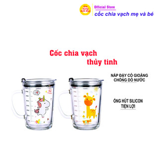 Cốc chia vạch thủy tinh 350ml có nắp dùng để pha sữa uống nước cho bé - GDAH