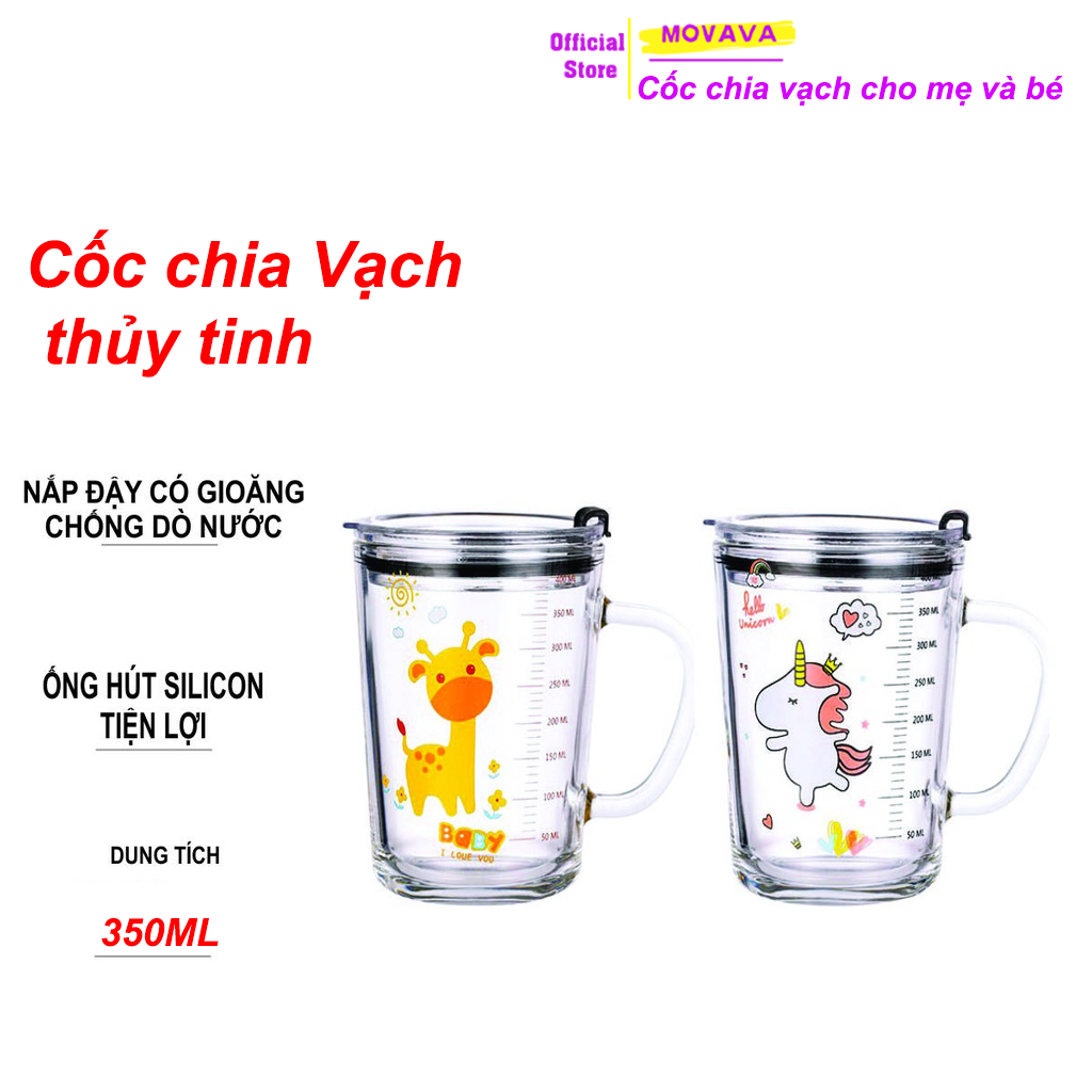 Cốc chia vạch thủy tinh có nắp chống tràn cho mẹ và bé dung tích 350ml - Movava