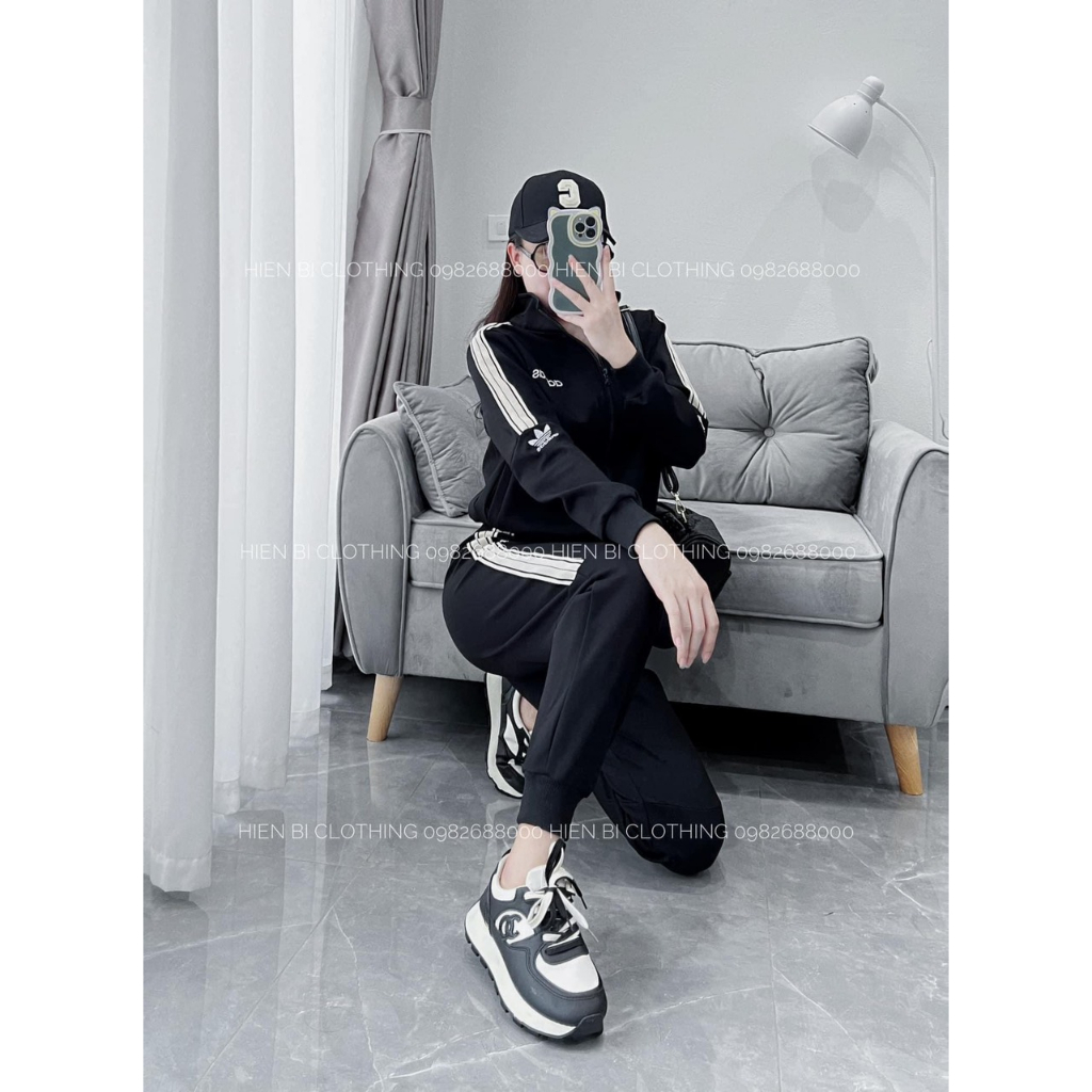 Bộ Đồ Thể Thao Nữ Adidass, Set bộ phối Áo Khoá Dài Tay Phối 3 Sọc Mix Quần Jogger Dáng Dài