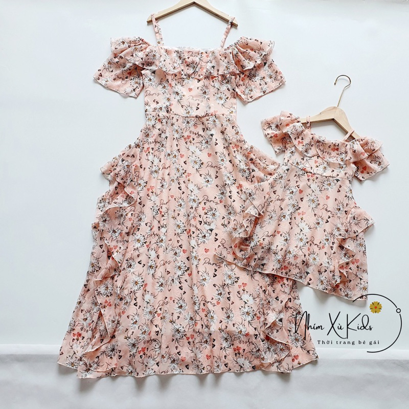 Váy Maxi Mẹ Và Bé Tay Ngắn, Đầm Bé Gái 4kg Đến 64kg Chất Tơ Lụa Hoa Ép Mềm Mát _ V087
