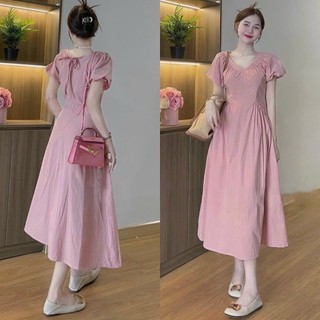 Đầm váy nữ kate cổ V dáng dài màu hồng sang xịn cho các nàng đi chơi,đi dạo phố thời trang nữ MOON