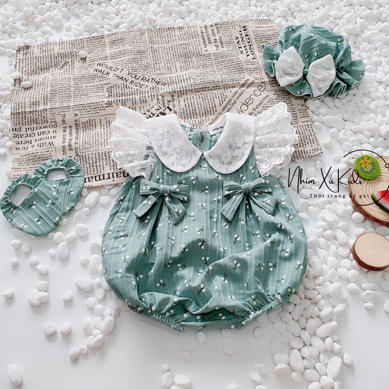 Bodysuit bèo xanh xinh xắn cho bé gái 3 đến 12kg, Áo liền quần chất linen bột [B006]