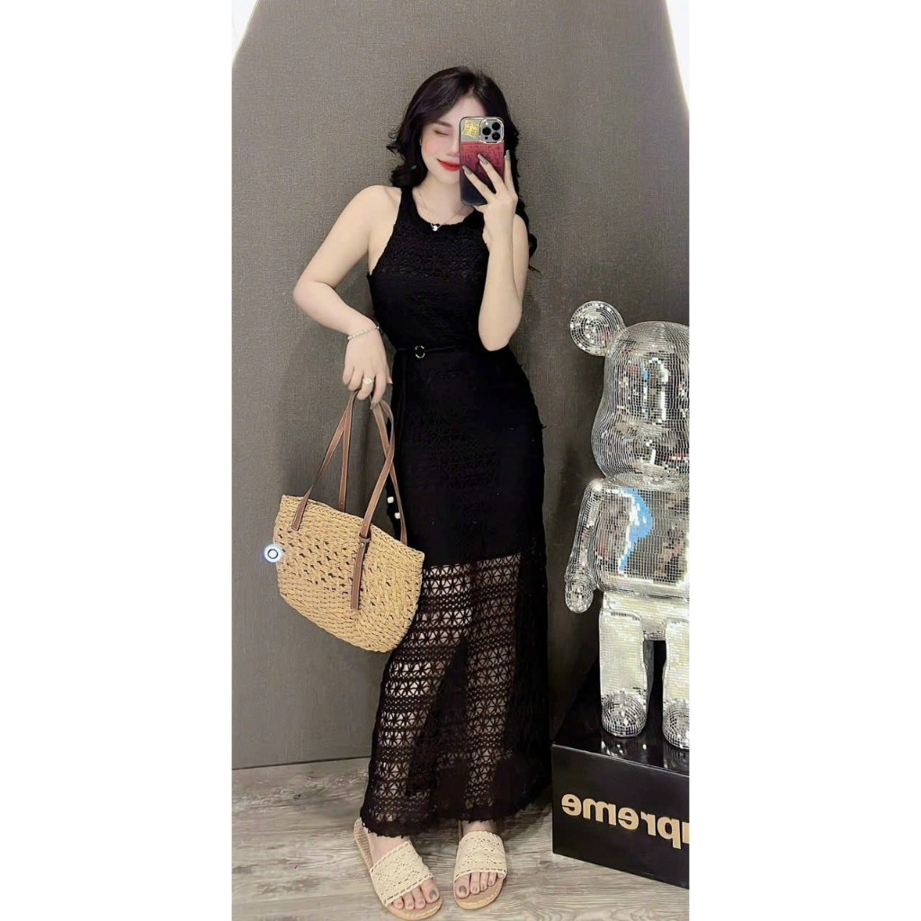 Đầm váy nữ len ren cao cấp hai lớp cổ tròn, quyến dũ kèm 3 màu phong cách trẻ trung, thanh lịch