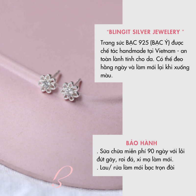 Khuyên tai, Bông tai, hoa tai bạc nữ BLINGIT hoa cúc đính đá cao cấp - BIBT290