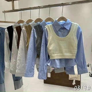 Áo somi sọc tay dài phối ghile len
