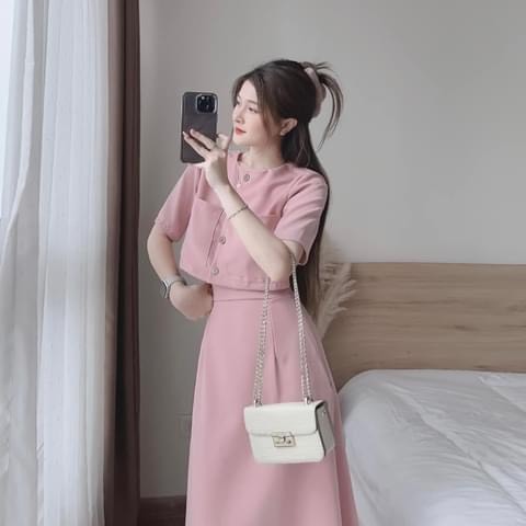 Set đồ nữ đi chơi, set váy dáng dài kèm áo croptop tay lỡ có khuy y hình