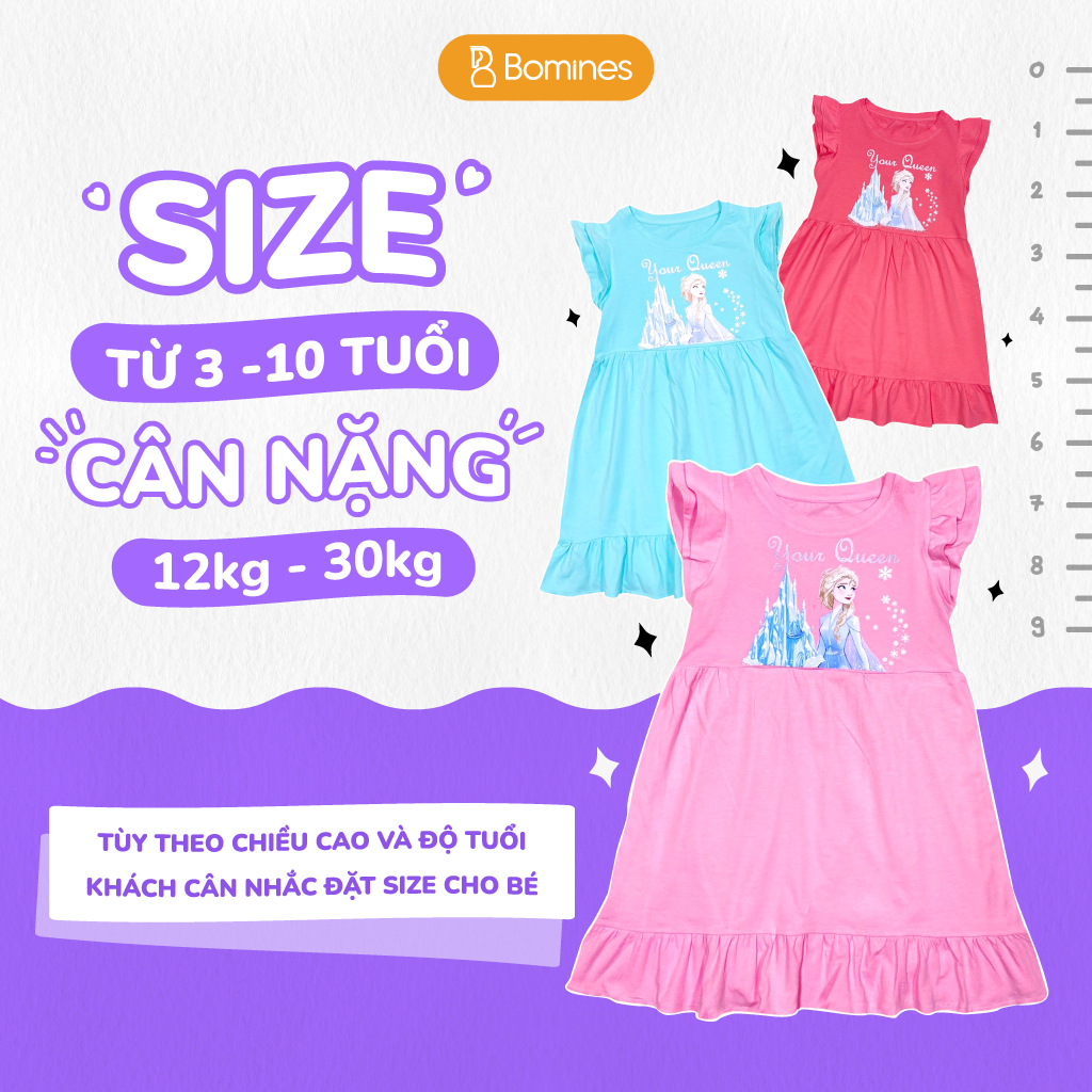 Váy bé gái công chúa Elsa BOMINES babydoll tay cánh tiên 100% cotton cho bé 3-10 tuổi khoảng 12- 30kg DTNBGELSABABYDOLL