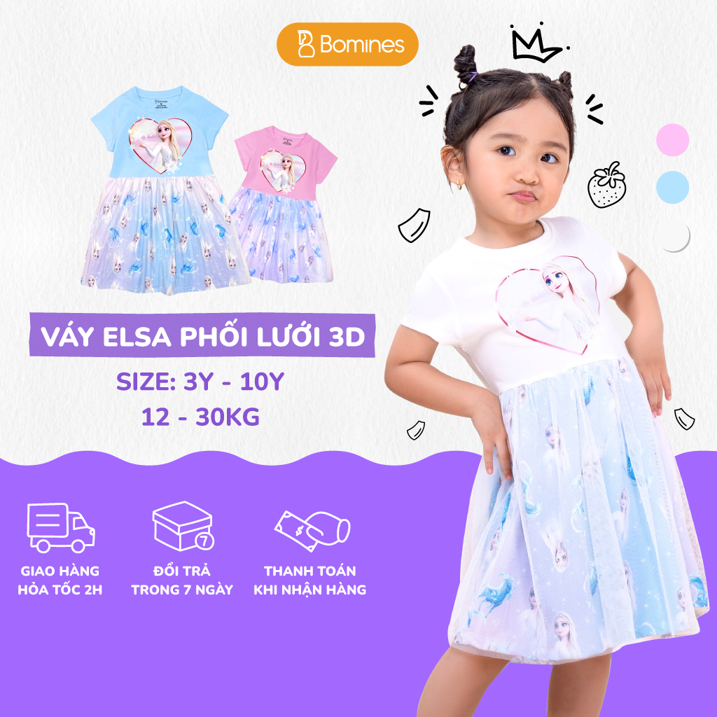 Váy bé gái công chúa Elsa BOMINES họa tiết xinh xắn cho bé 3-10 tuổi khoảng 12- 30kg DTNELSATRAITIM3D