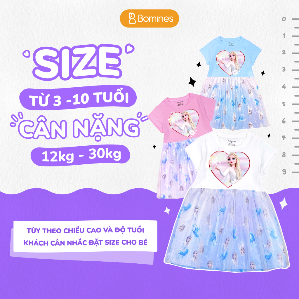 Váy bé gái công chúa Elsa BOMINES họa tiết xinh xắn cho bé 3-10 tuổi khoảng 12- 30kg DTNELSATRAITIM3D
