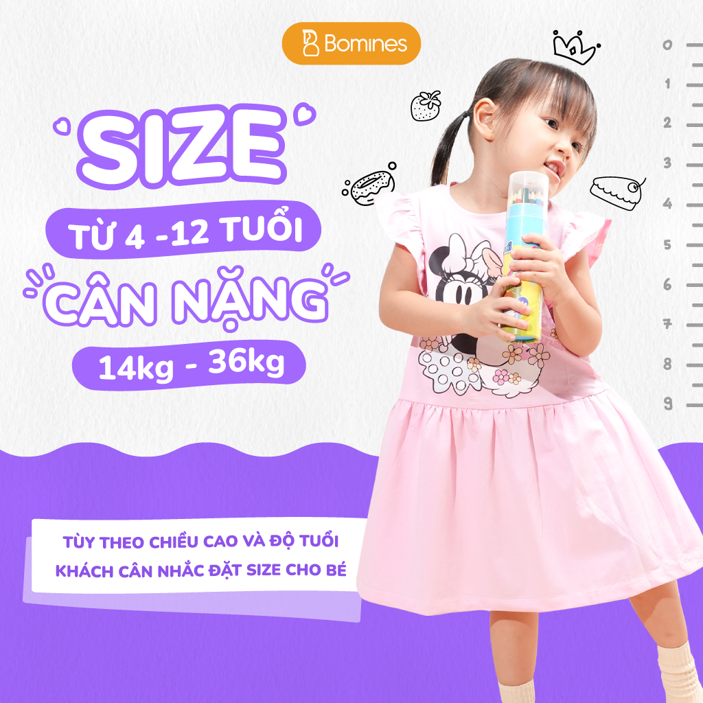 Váy cho bé gái Minnie Daisy Bomines, Đầm hè cotton tay cánh tiên cho bé 3-12 tuổi khoảng 13-36kg DTNMINNIEDAISY