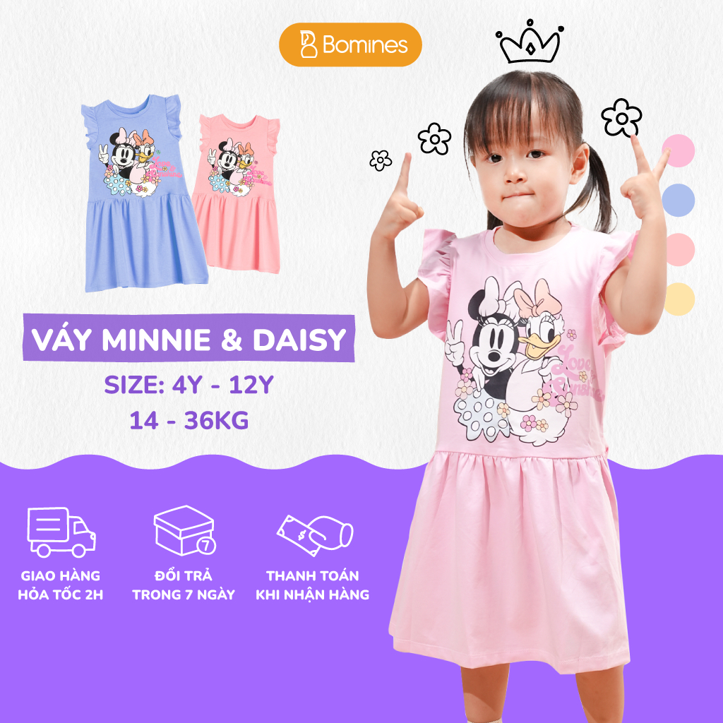 Váy cho bé gái Minnie Daisy Bomines, Đầm hè cotton tay cánh tiên cho bé 3-12 tuổi khoảng 13-36kg DTNMINNIEDAISY