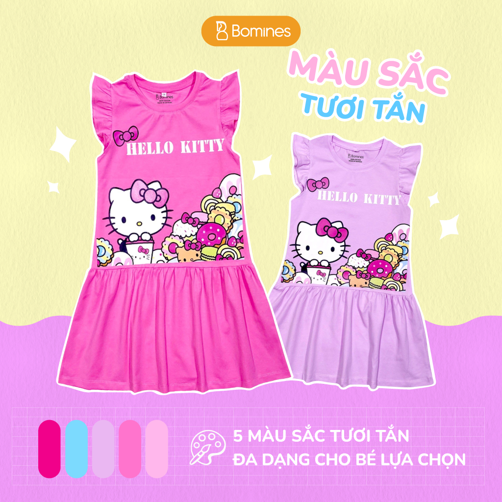 Váy bé gái Hello Kitty BOMINES tay cánh tiên thun co giãn 4 chiều cho bé gái 3- 12 tuổi, 12- 36kg DTNKITTYDONUT