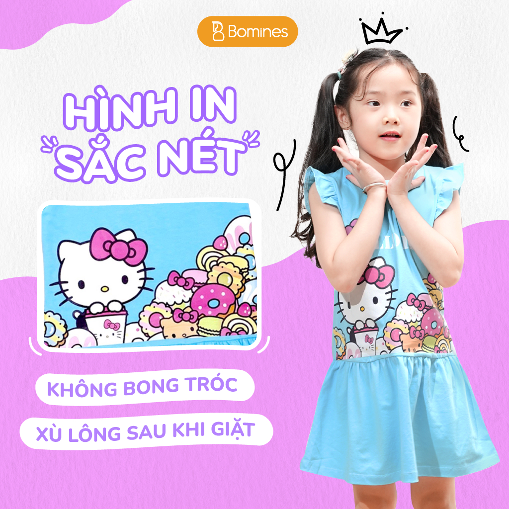 Váy bé gái Hello Kitty BOMINES tay cánh tiên thun co giãn 4 chiều cho bé gái 3- 12 tuổi, 12- 36kg DTNKITTYDONUT