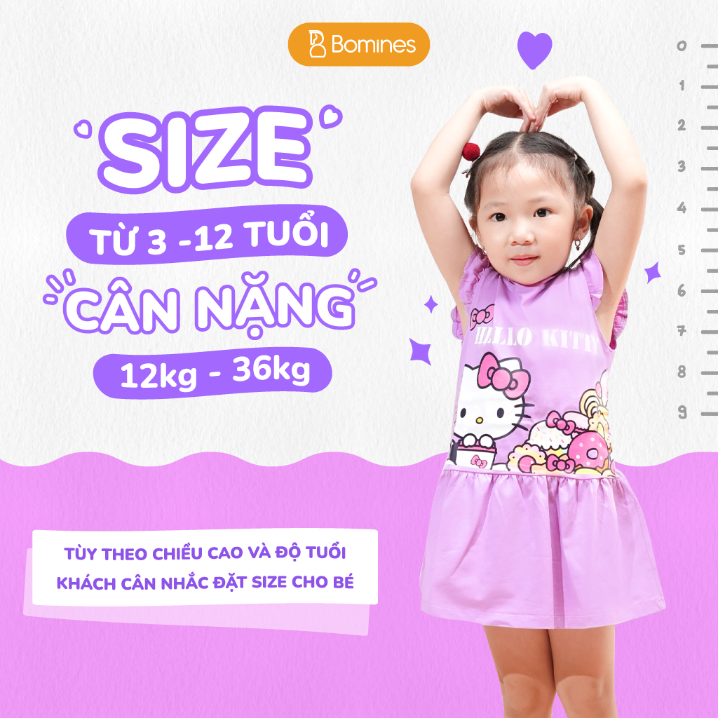 Váy bé gái Hello Kitty BOMINES tay cánh tiên thun co giãn 4 chiều cho bé gái 3- 12 tuổi, 12- 36kg DTNKITTYDONUT