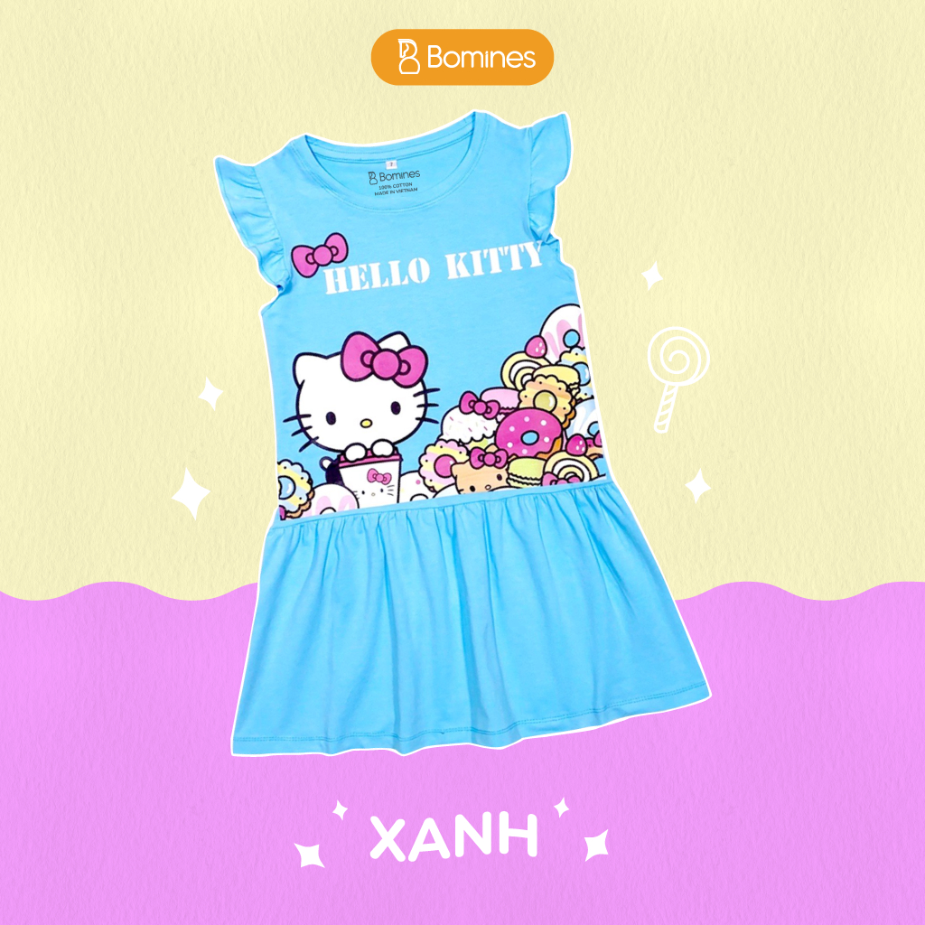 Váy bé gái Hello Kitty BOMINES tay cánh tiên thun co giãn 4 chiều cho bé gái 3- 12 tuổi, 12- 36kg DTNKITTYDONUT
