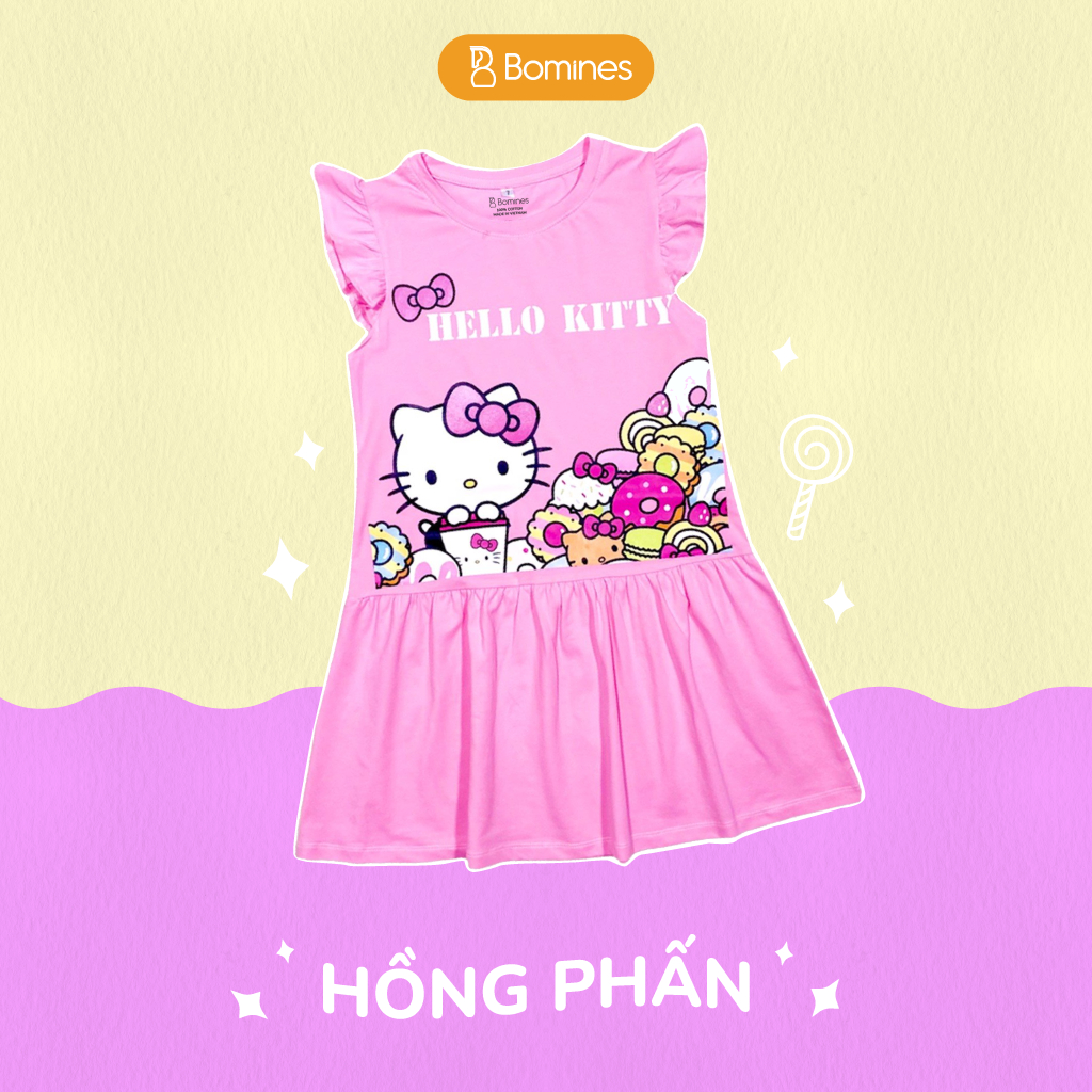 Váy bé gái Hello Kitty BOMINES tay cánh tiên thun co giãn 4 chiều cho bé gái 3- 12 tuổi, 12- 36kg DTNKITTYDONUT