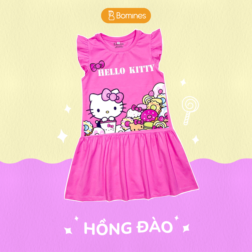 Váy bé gái Hello Kitty BOMINES tay cánh tiên thun co giãn 4 chiều cho bé gái 3- 12 tuổi, 12- 36kg DTNKITTYDONUT