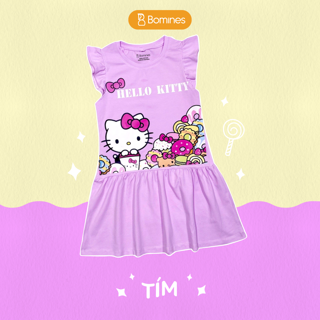 Váy bé gái Hello Kitty BOMINES tay cánh tiên thun co giãn 4 chiều cho bé gái 3- 12 tuổi, 12- 36kg DTNKITTYDONUT