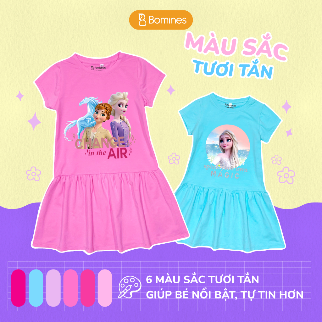 Váy bé gái công chúa Elsa BOMINES, cotton thoáng mát đủ size cho bé 3- 10 tuổi, 10- 30kg DTNELSANHIEUHINH