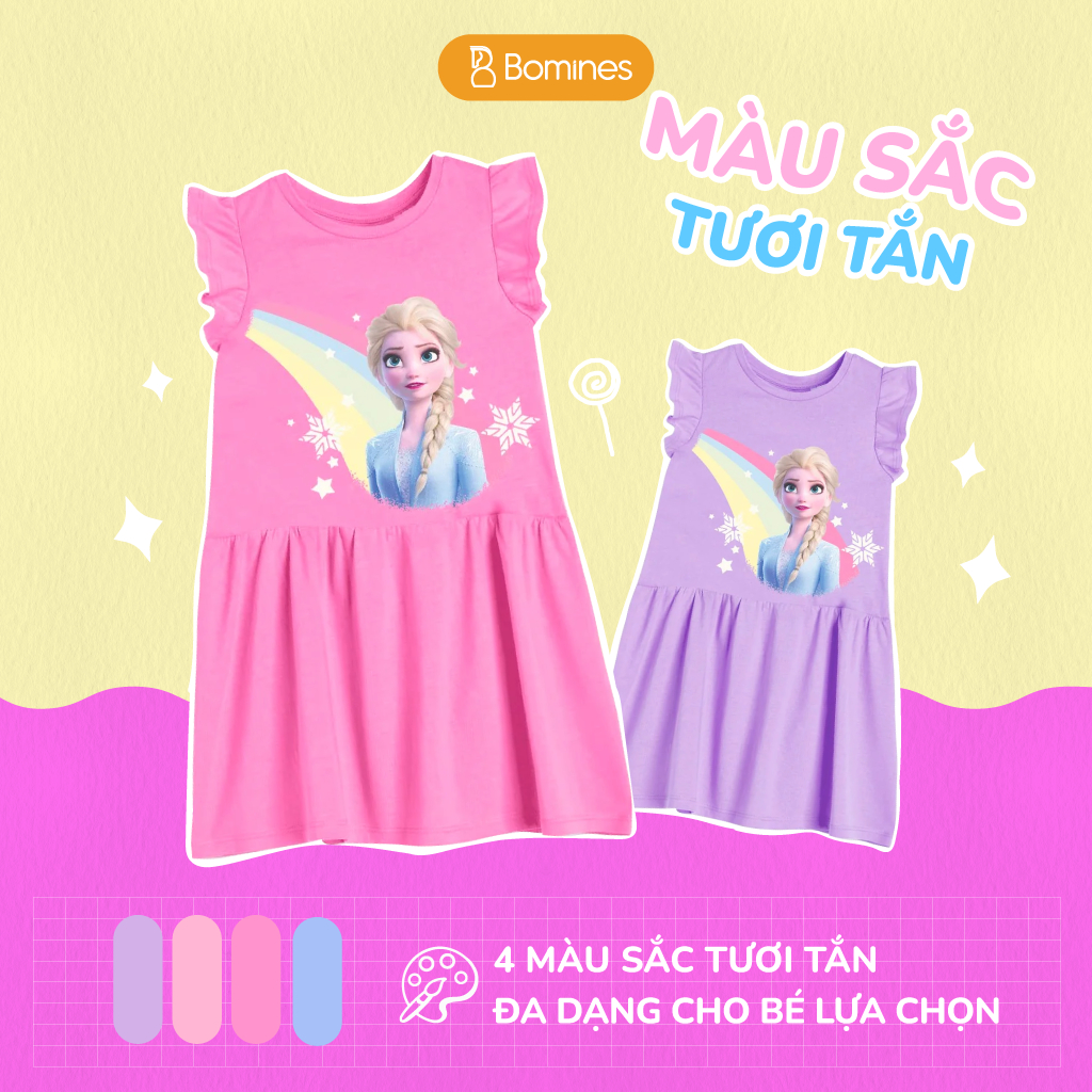 Váy bé gái Elsa cầu vồng BOMINES tay cánh tiên thun co giãn 4 chiều cho bé gái 3-12 tuổi, 12-36kg DTNCANHTIENELSACAUVONG