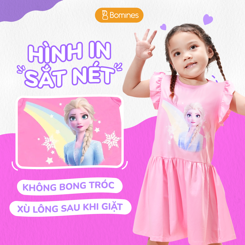 Váy bé gái Elsa cầu vồng BOMINES tay cánh tiên thun co giãn 4 chiều cho bé gái 3-12 tuổi, 12-36kg DTNCANHTIENELSACAUVONG