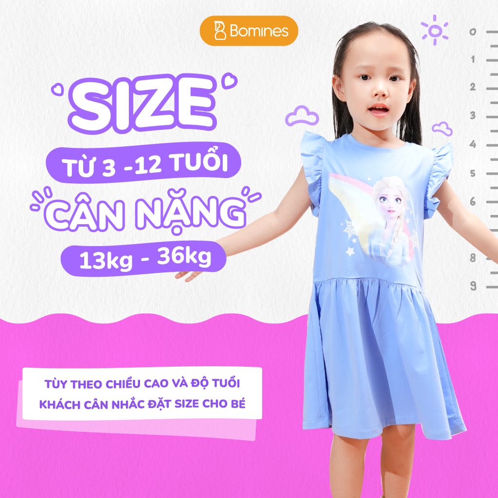 Váy bé gái Elsa cầu vồng BOMINES tay cánh tiên thun co giãn 4 chiều cho bé gái 3-12 tuổi, 12-36kg DTNCANHTIENELSACAUVONG