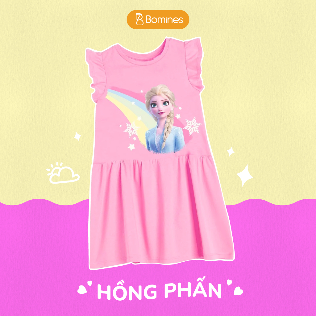 Váy bé gái Elsa cầu vồng BOMINES tay cánh tiên thun co giãn 4 chiều cho bé gái 3-12 tuổi, 12-36kg DTNCANHTIENELSACAUVONG