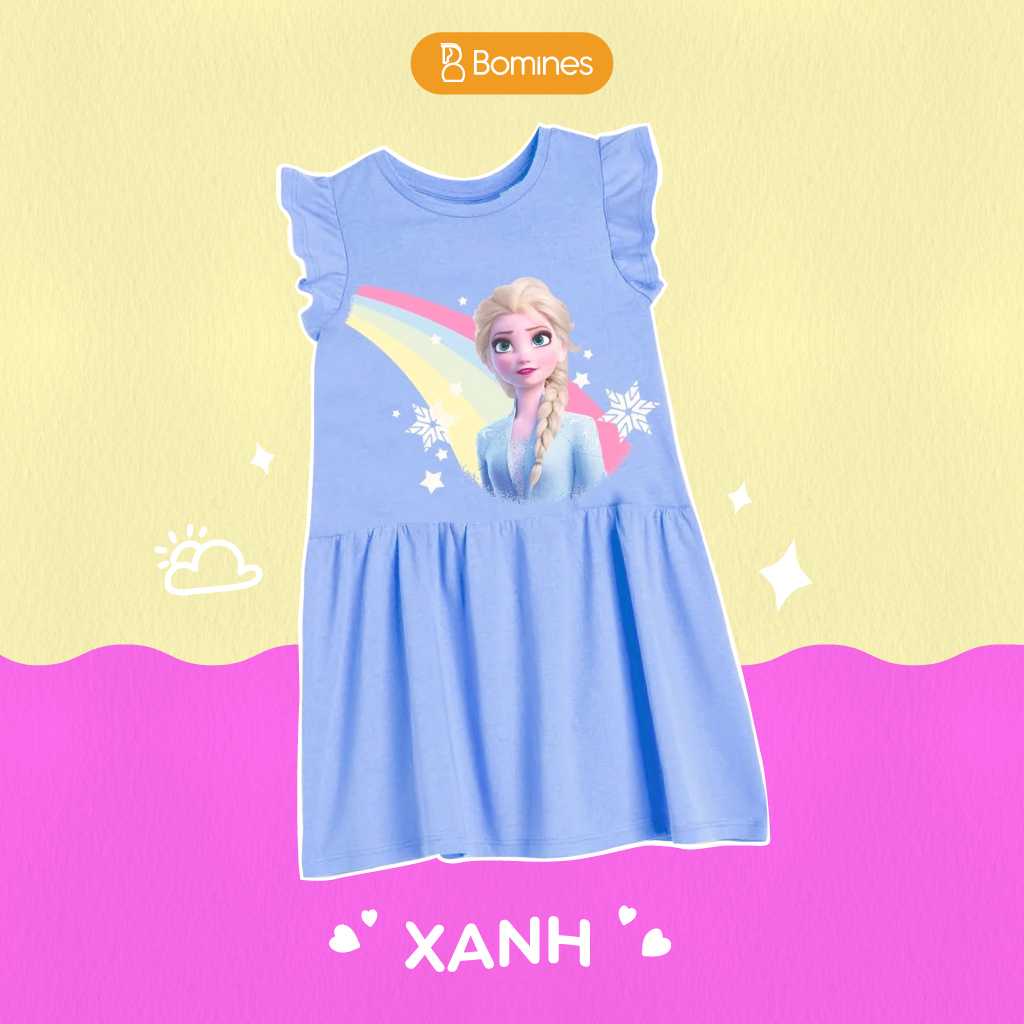 Váy bé gái Elsa cầu vồng BOMINES tay cánh tiên thun co giãn 4 chiều cho bé gái 3-12 tuổi, 12-36kg DTNCANHTIENELSACAUVONG