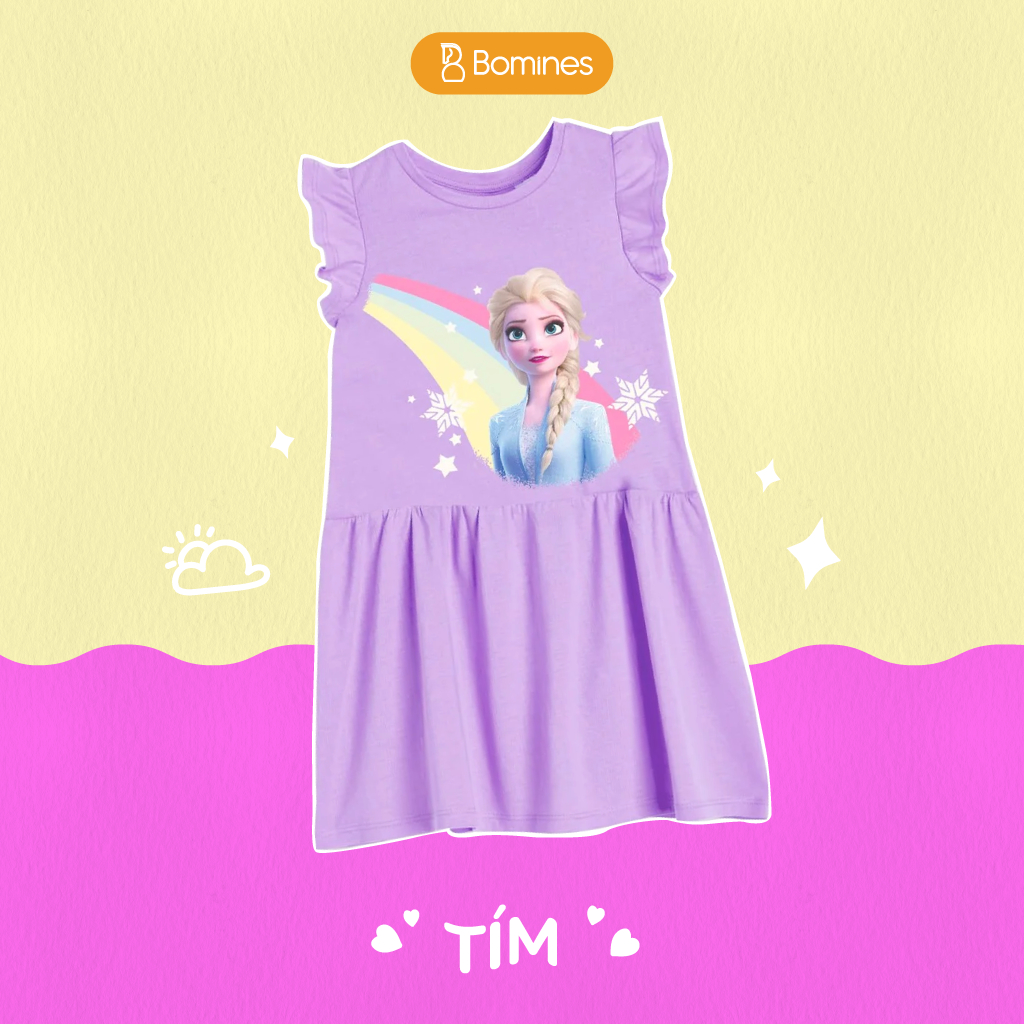 Váy bé gái Elsa cầu vồng BOMINES tay cánh tiên thun co giãn 4 chiều cho bé gái 3-12 tuổi, 12-36kg DTNCANHTIENELSACAUVONG