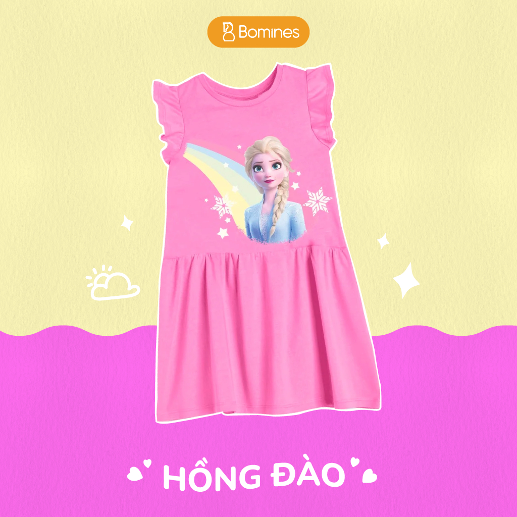 Váy bé gái Elsa cầu vồng BOMINES tay cánh tiên thun co giãn 4 chiều cho bé gái 3-12 tuổi, 12-36kg DTNCANHTIENELSACAUVONG