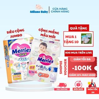 Cộng Miếng-JumBo Tã Dán/Quần Merries Nội Địa Nhật NB96/S76/M60/M58/L50/XL44/XXL26/XXL28