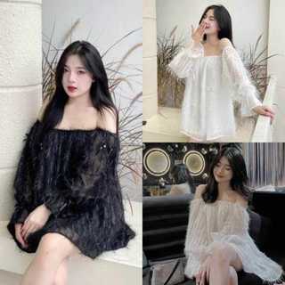 Đầm nữ trễ vai lông vũ dáng xòe sang trọng dự tiệc